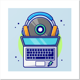 Laptop with Vinyl and Headphones Cartoon Vector Icon Illustration Posters and Art